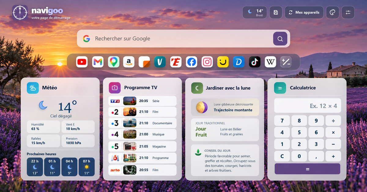 Exemple de page Navigoo personnalisée avec raccourcis et widgets